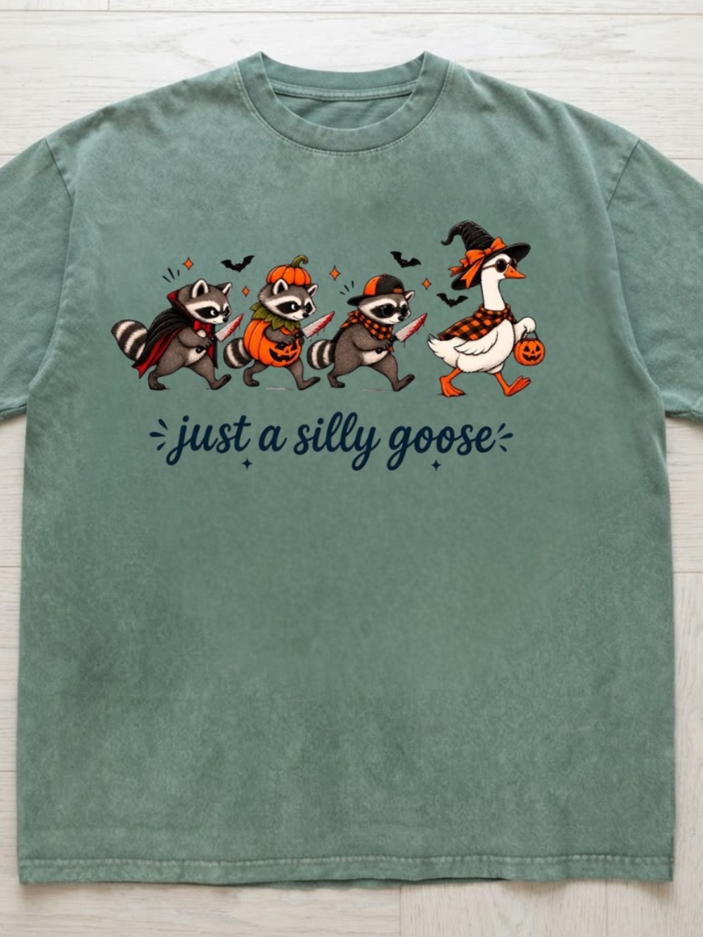 Halloween Raccoons and Witch Goose Just A Silly Goose T-Shirt
